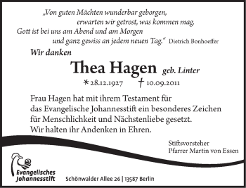 Traueranzeige von Thea Hagen von Tagesspiegel