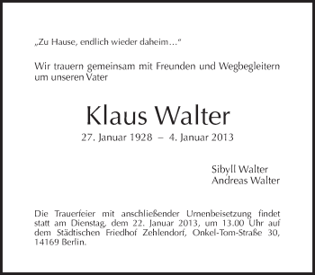 Traueranzeige von Klaus Walter von Tagesspiegel