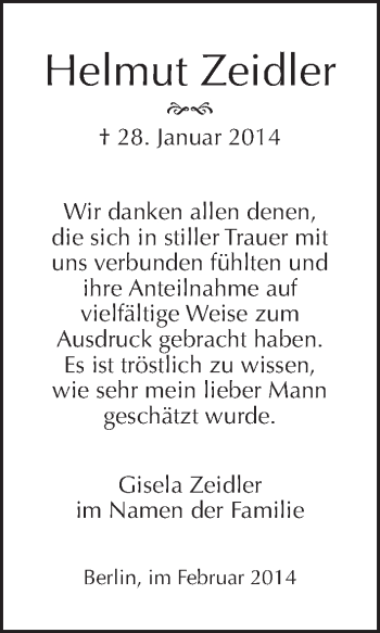 Traueranzeige von Helmut Zeidler von Tagesspiegel