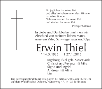 Traueranzeige von Erwin Thiel von Tagesspiegel