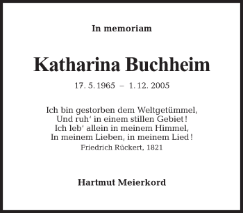 Traueranzeige von Katharina Buchheim von Tagesspiegel