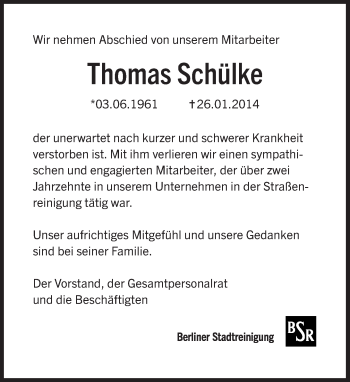 Traueranzeige von Thomas Schülke von Tagesspiegel