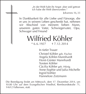 Traueranzeige von Wilfried Köhler von Tagesspiegel