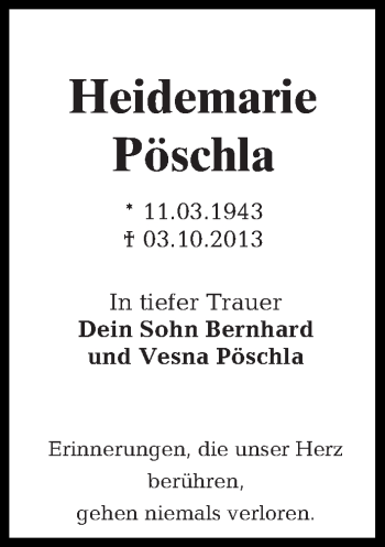 Traueranzeige von Heidemarie Pöschla von Tagesspiegel