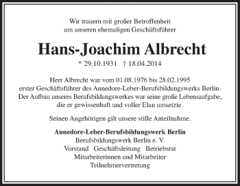 Traueranzeige von Hans-Joachim Albrecht von Tagesspiegel