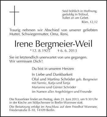 Traueranzeige von Irene Bergmeier-Weil von Tagesspiegel