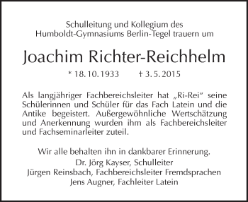Traueranzeige von Joachim Richter-Reichhelm von Tagesspiegel