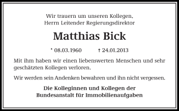 Traueranzeige von Matthias Bick von Tagesspiegel