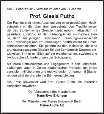 Traueranzeige von Gisela Puthz von Tagesspiegel