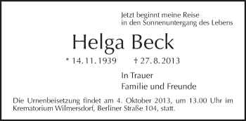 Traueranzeige von Helga Beck von Tagesspiegel