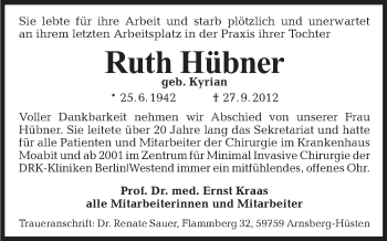 Traueranzeige von Ruth Hübner von Tagesspiegel