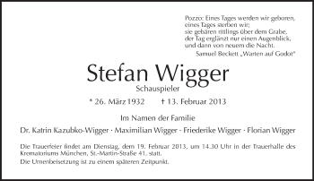 Traueranzeige von Stefan Wigger von Tagesspiegel