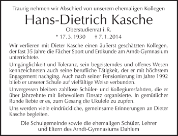 Traueranzeige von Hans-Dietrich Kasche von Tagesspiegel