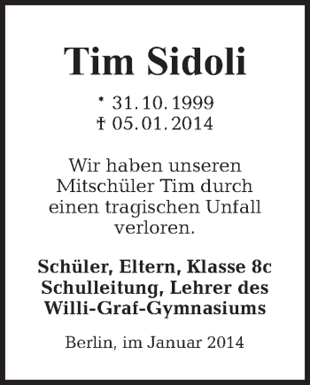 Traueranzeige von Tim Sidoli von Tagesspiegel