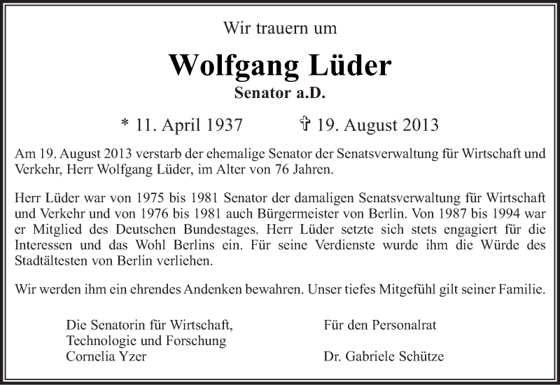  Traueranzeige für Wolfgang Lüder vom 01.09.2013 aus Tagesspiegel