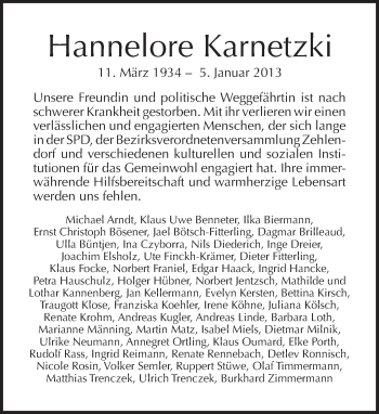 Traueranzeige von Hannelore Karnetzki von Tagesspiegel