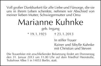 Traueranzeige von Marianne Kuhnke von Tagesspiegel