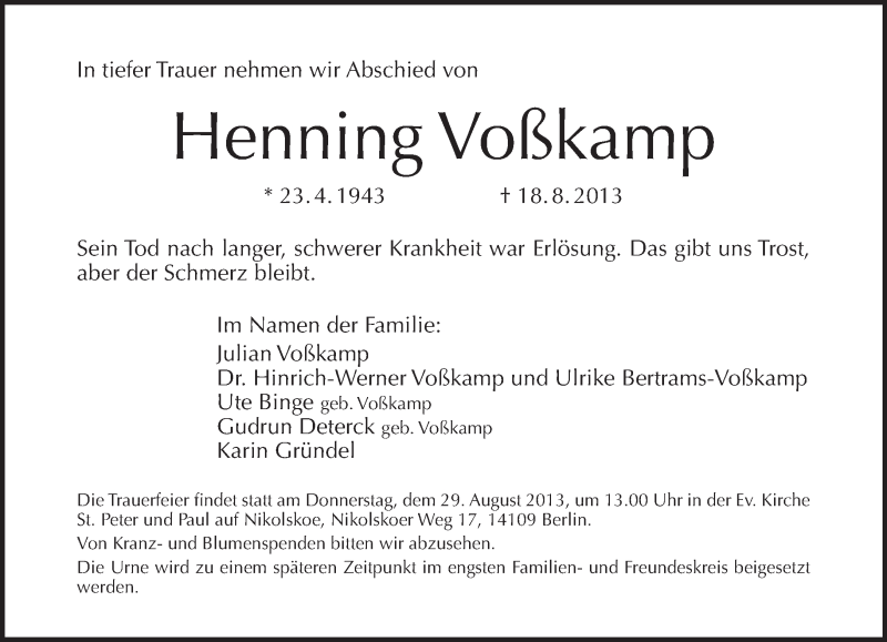 Traueranzeigen Von Henning Voßkamp Tagesspiegel Trauer 2025