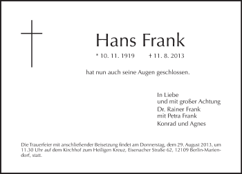 Traueranzeige von Hans Frank von Tagesspiegel