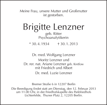 Traueranzeige von Brigitte Lenzner von Tagesspiegel