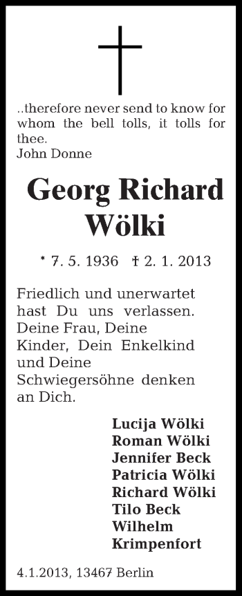 Traueranzeige von Georg Richard Wölki von Tagesspiegel