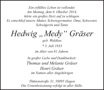 Traueranzeige von Hedwig Gräser von Tagesspiegel