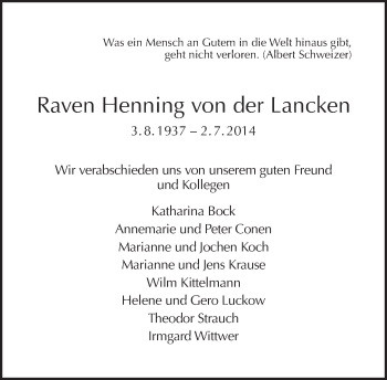 Traueranzeige von Raven Henning von der Lancken von Tagesspiegel