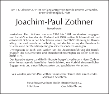 Traueranzeige von Joachim-Paul Zothner von Tagesspiegel