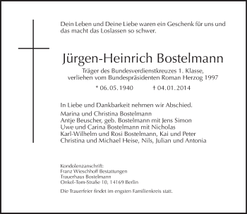 Traueranzeige von Jürgen-Heinrich Bostelmann von Tagesspiegel