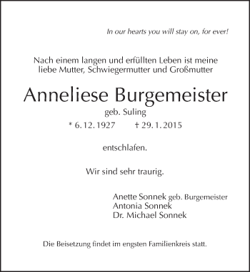 Traueranzeige von Anneliese Burgemeister von Tagesspiegel