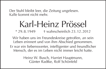 Traueranzeige von Karl-Heinz Prössel von Tagesspiegel