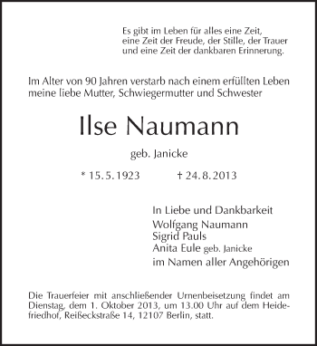 Traueranzeige von Ilse Naumann von Tagesspiegel