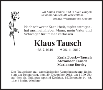 Traueranzeige von Klaus Tausch von Tagesspiegel