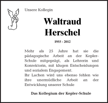 Traueranzeige von Waltraud Herschel von Tagesspiegel