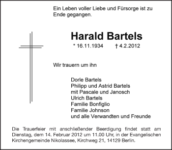Traueranzeige von Harald Bartels von Tagesspiegel