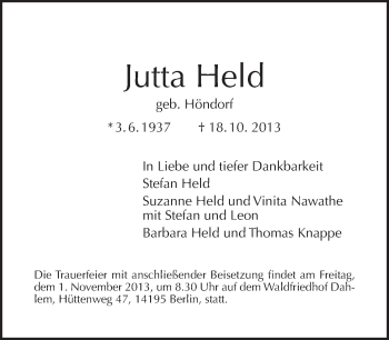 Traueranzeige von Jutta Held von Tagesspiegel