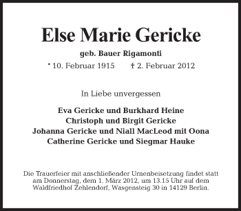 Traueranzeige von Else Marie Gericke von Tagesspiegel