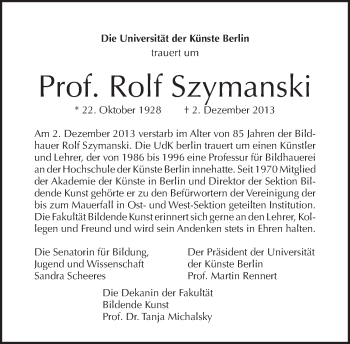 Traueranzeige von Rolf Szymanski von Tagesspiegel