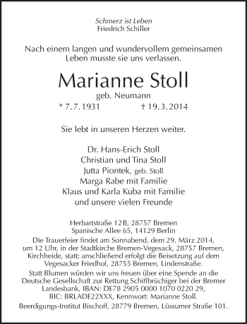 Traueranzeige von Marianne Stoll von Tagesspiegel