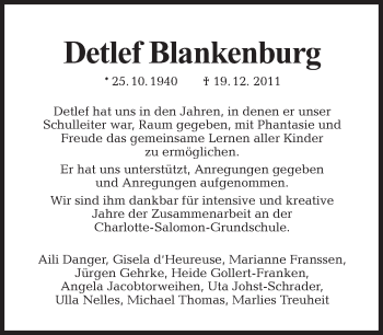 Traueranzeige von Detlef Blankenburg von Tagesspiegel