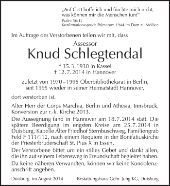 Traueranzeige von Knud Schlegtendal von Tagesspiegel