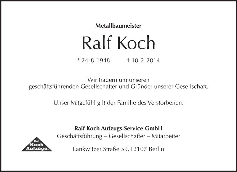  Traueranzeige für Ralf Koch vom 23.02.2014 aus Tagesspiegel