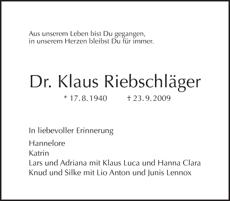  Traueranzeige für Klaus Riebschläger vom 28.09.2014 aus Tagesspiegel
