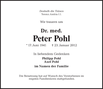 Traueranzeige von Peter Pohl von Tagesspiegel