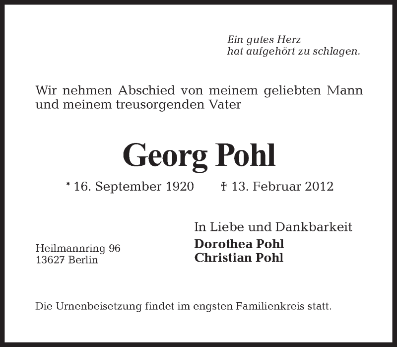  Traueranzeige für Georg Pohl vom 19.02.2012 aus Tagesspiegel