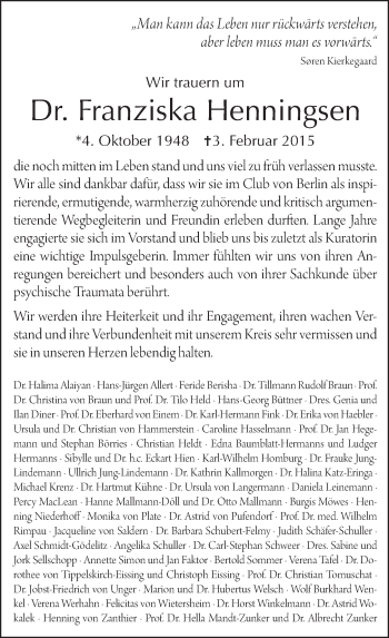 Traueranzeige von Franziska Henningsen von Tagesspiegel