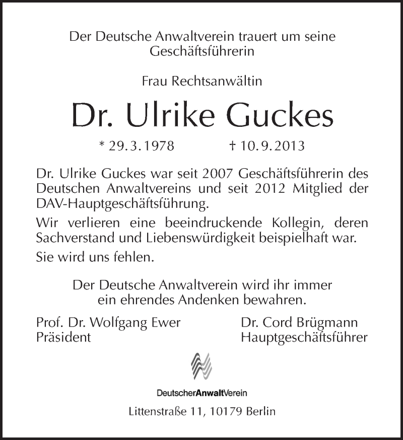  Traueranzeige für Ulrike Guckes vom 15.09.2013 aus Tagesspiegel