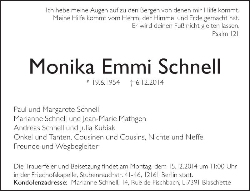 Traueranzeige für Monika Emmi Schnell vom 13.12.2014 aus Tagesspiegel