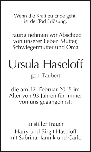 Traueranzeige von Ursula Haseloff von Tagesspiegel