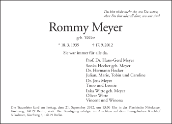 Traueranzeige von Rommy Meyer von Tagesspiegel